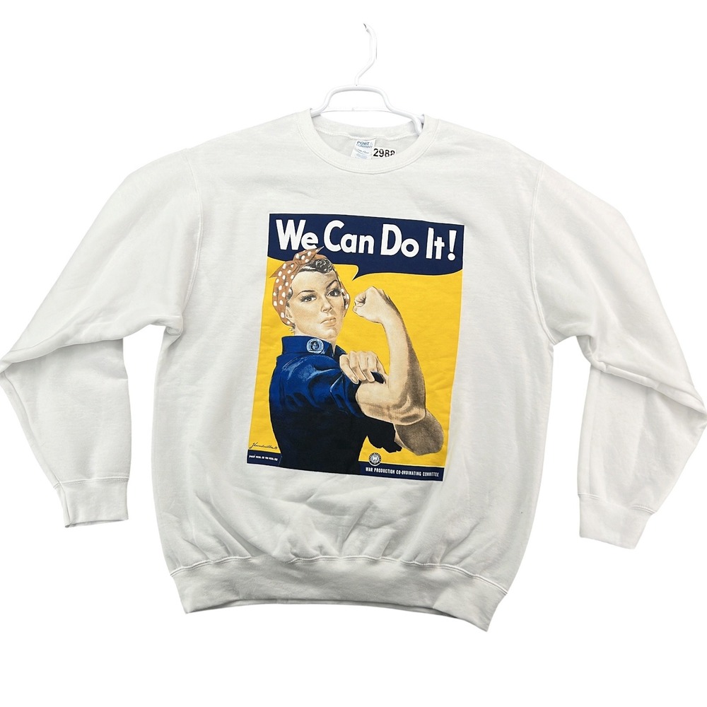 Port & Company Sweatshirt Rosie The Riveter Women L White We Can Do It Fleece